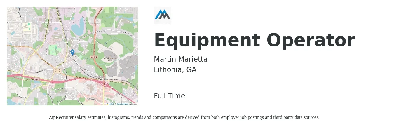 Martin Marietta job posting for a Equipment Operator in Lithonia, GA with a salary of $17 to $24 Hourly with a map of Lithonia location.