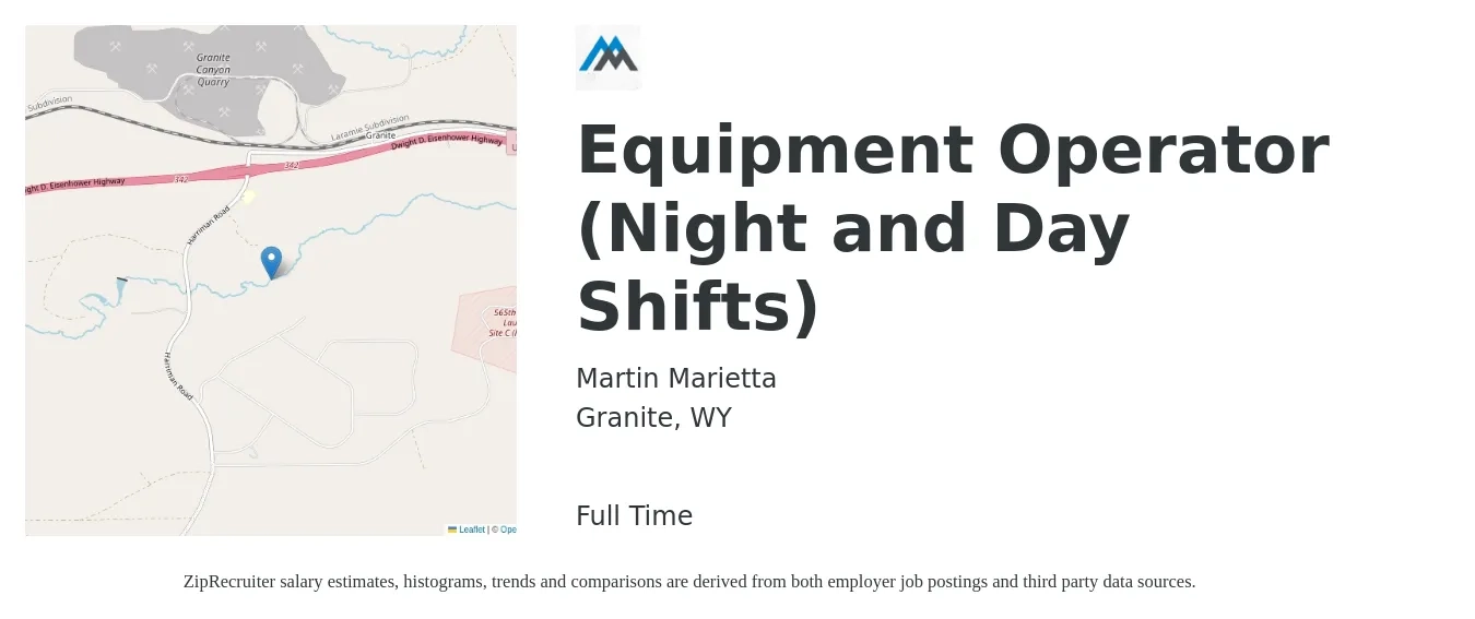 Martin Marietta job posting for a Equipment Operator (Night and Day Shifts) in Granite, WY with a salary of $22 to $30 Hourly with a map of Granite location.
