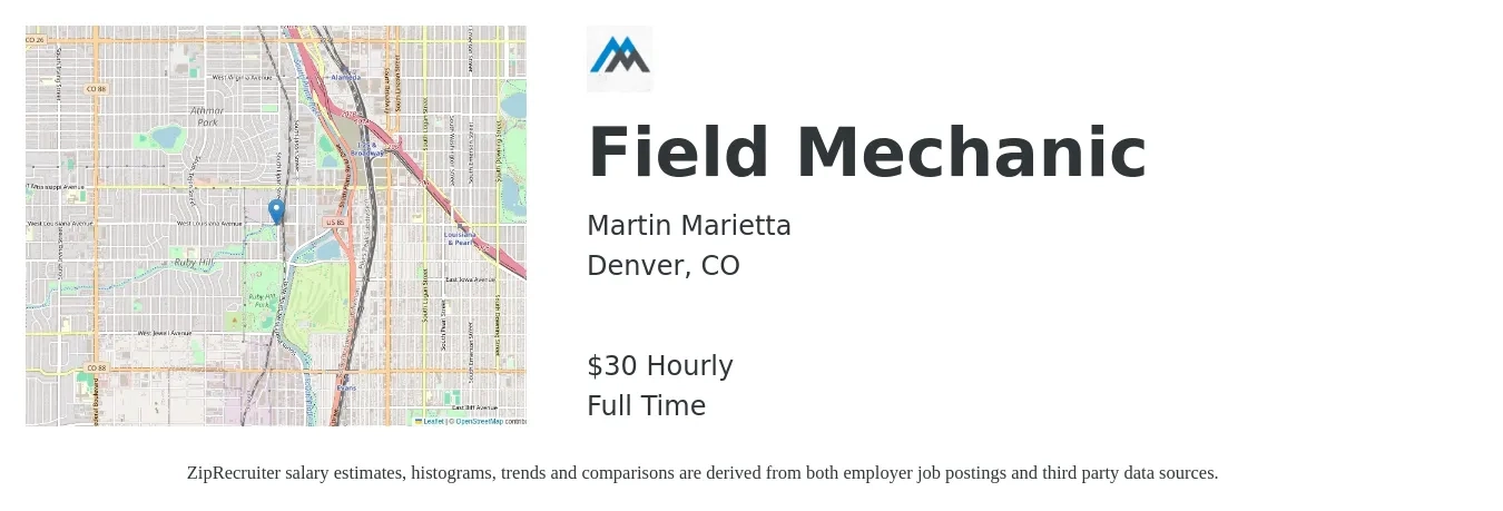 Martin Marietta job posting for a Field Mechanic in Denver, CO with a salary of $32 Hourly with a map of Denver location.