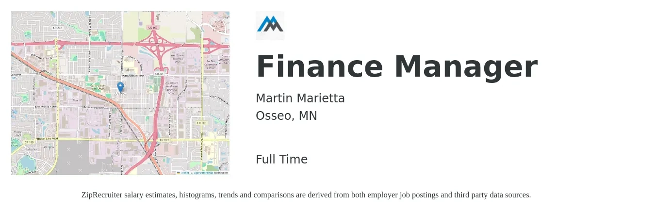 Martin Marietta job posting for a Finance Manager in Osseo, MN with a salary of $98,800 to $175,700 Yearly with a map of Osseo location.