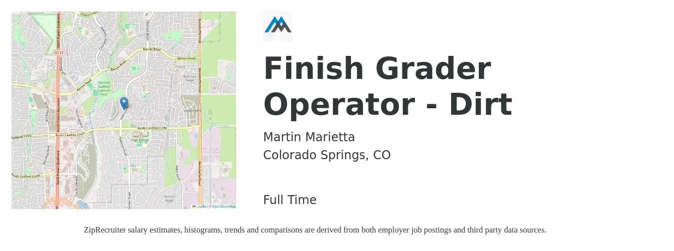 Martin Marietta job posting for a Finish Grader Operator - Dirt in Colorado Springs, CO with a salary of $24 to $36 Hourly with a map of Colorado Springs location.