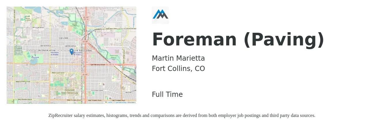 Martin Marietta job posting for a Foreman (Paving) in Fort Collins, CO with a salary of $32 Hourly with a map of Fort Collins location.
