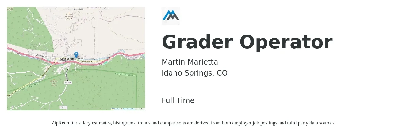 Martin Marietta job posting for a Grader Operator in Idaho Springs, CO with a salary of $12 to $20 Hourly with a map of Idaho Springs location.