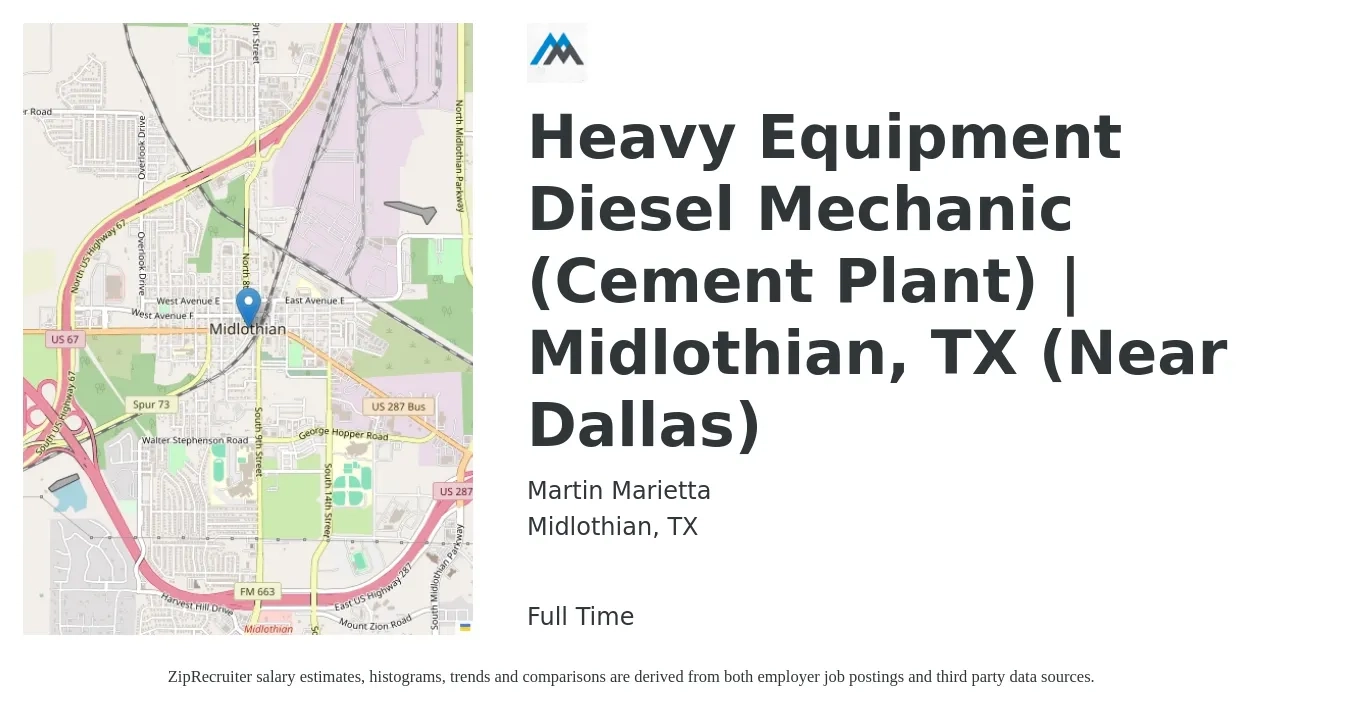 Martin Marietta job posting for a Heavy Equipment Diesel Mechanic (Cement Plant) | Midlothian, TX (Near Dallas) in Midlothian, TX with a salary of $22 to $31 Hourly with a map of Midlothian location.