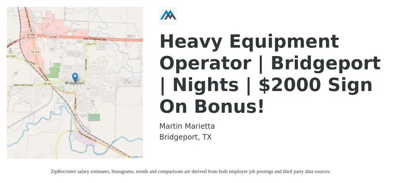 Martin Marietta job posting for a Heavy Equipment Operator | Bridgeport | Nights | $2000 Sign On Bonus! in Bridgeport, TX with a salary of $18 to $25 Hourly with a map of Bridgeport location.