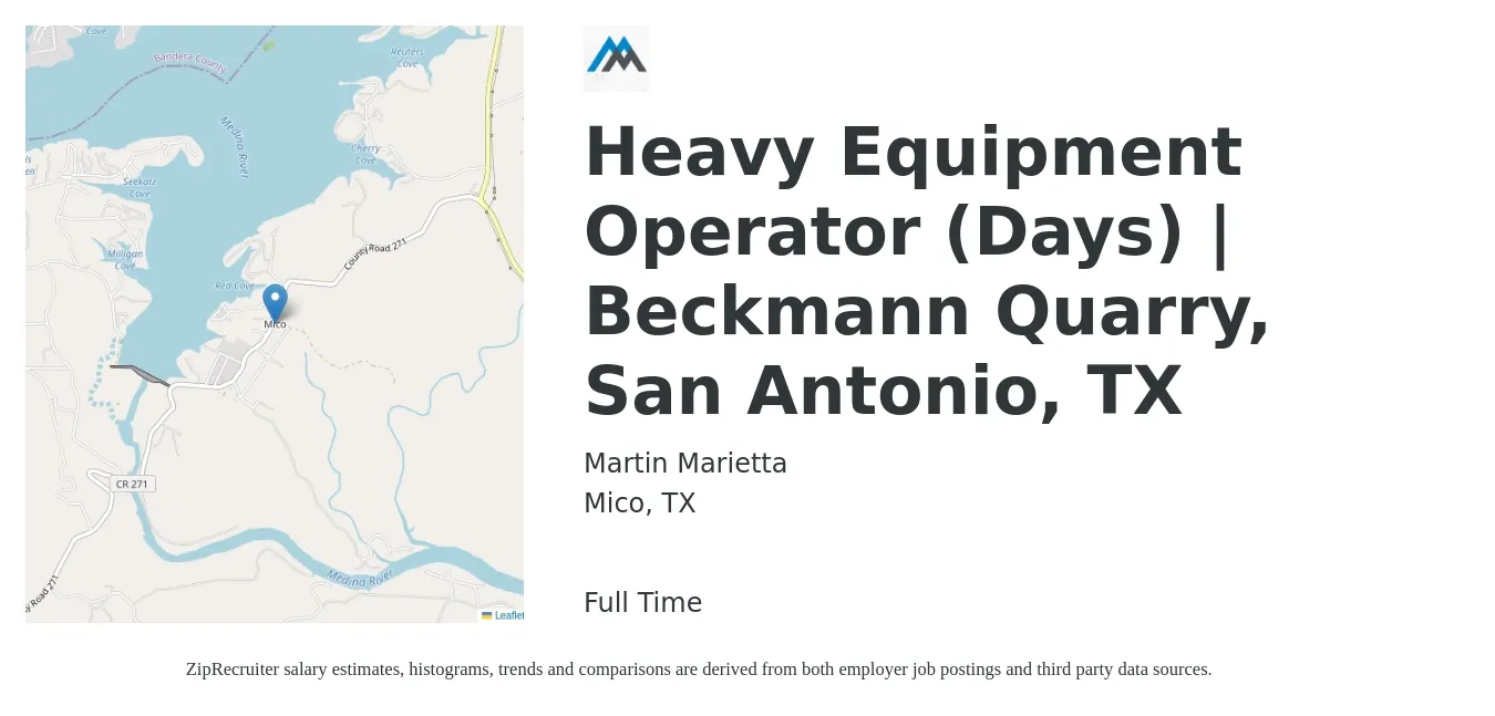 Martin Marietta job posting for a Heavy Equipment Operator (Days) | Beckmann Quarry, San Antonio, TX in Mico, TX with a salary of $17 to $24 Hourly with a map of Mico location.