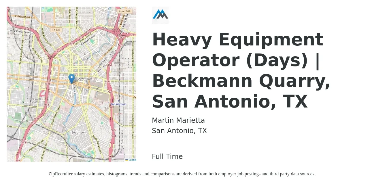 Martin Marietta job posting for a Heavy Equipment Operator (Days) | Beckmann Quarry, San Antonio, TX in San Antonio, TX with a salary of $18 to $26 Hourly with a map of San Antonio location.