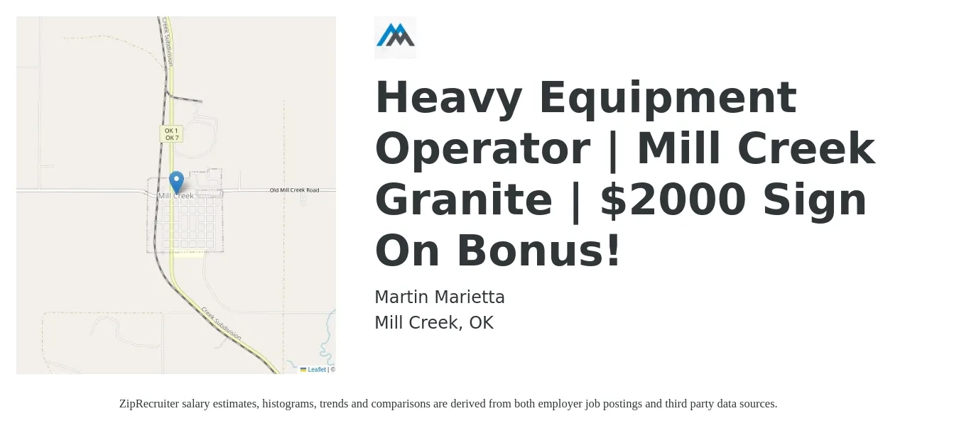 Martin Marietta job posting for a Heavy Equipment Operator | Mill Creek Granite | $2000 Sign On Bonus! in Mill Creek, OK with a salary of $18 to $24 Hourly with a map of Mill Creek location.
