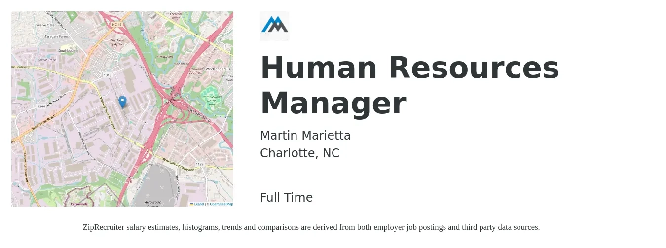 Martin Marietta job posting for a Human Resources Manager in Charlotte, NC with a salary of $64,700 to $93,800 Yearly with a map of Charlotte location.