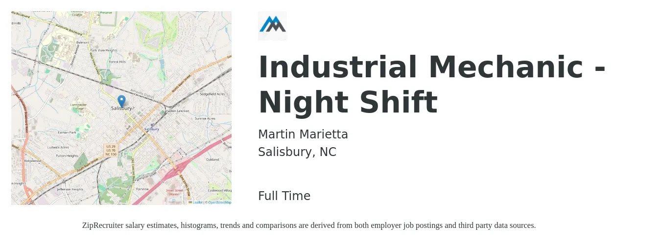 Martin Marietta job posting for a Industrial Mechanic - Night Shift in Salisbury, NC with a salary of $22 to $29 Hourly with a map of Salisbury location.