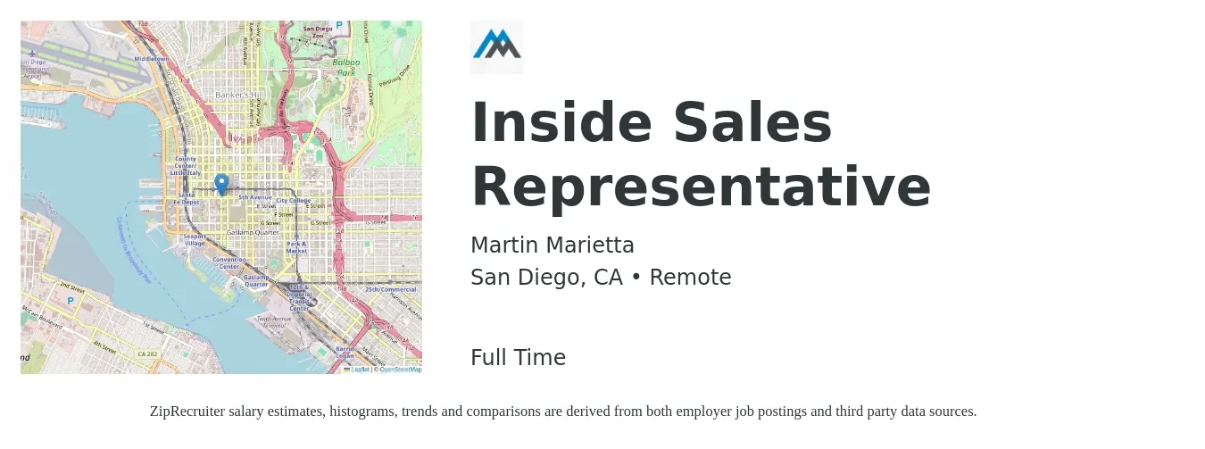 Martin Marietta job posting for a Inside Sales Representative in San Diego, CA with a salary of $42,100 to $62,800 Yearly with a map of San Diego location.