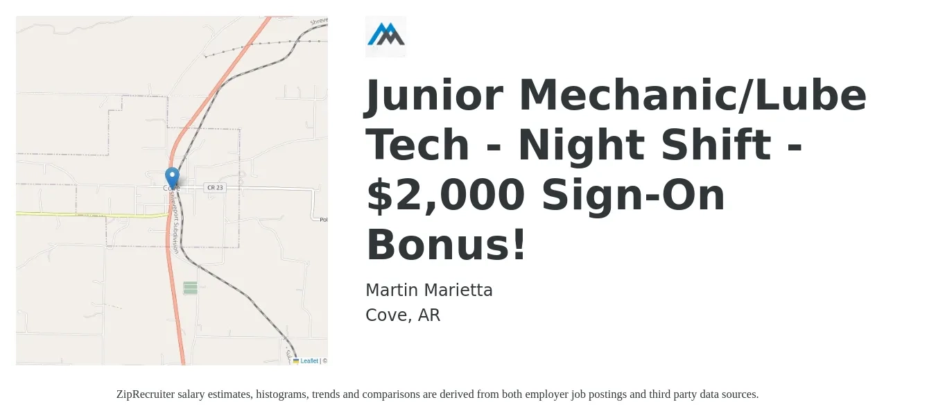 Martin Marietta job posting for a Junior Mechanic/Lube Tech - Night Shift - $2,000 Sign-On Bonus! in Cove, AR with a salary of $12 to $16 Hourly with a map of Cove location.