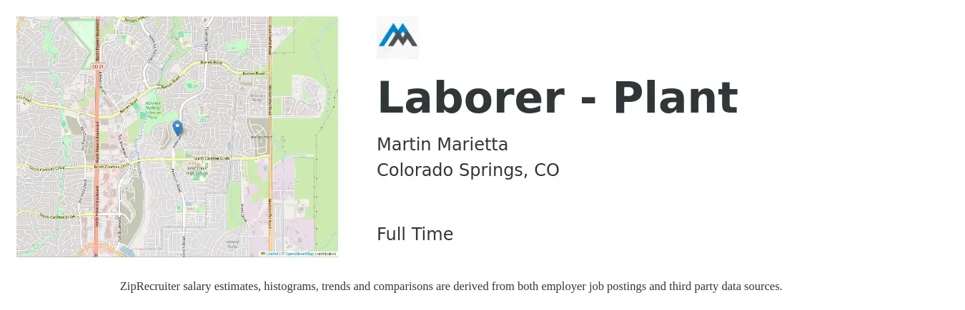 Martin Marietta job posting for a Laborer - Plant in Colorado Springs, CO with a salary of $15 to $20 Hourly with a map of Colorado Springs location.