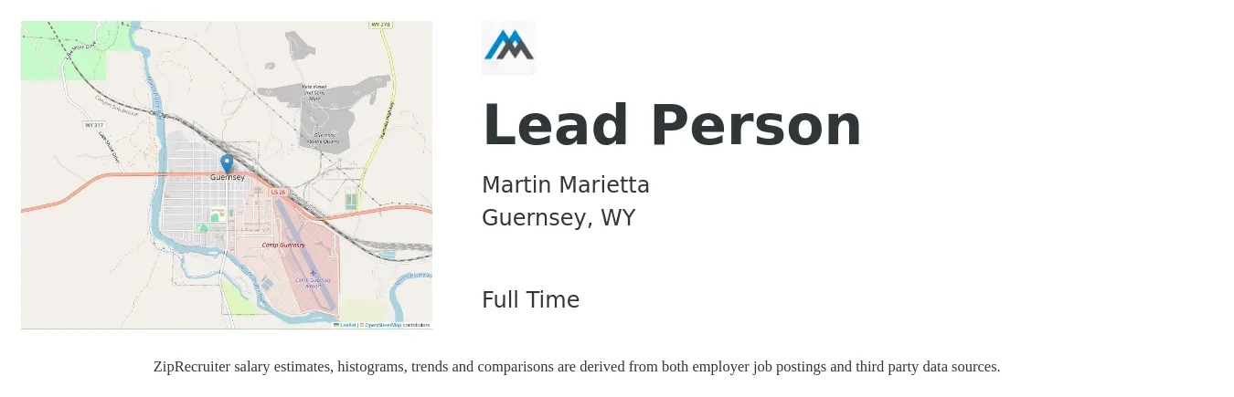Martin Marietta job posting for a Lead Person in Guernsey, WY with a salary of $15 to $24 Hourly with a map of Guernsey location.