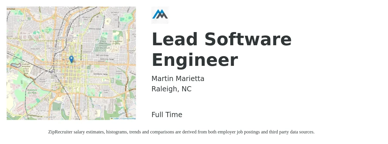 Martin Marietta job posting for a Lead Software Engineer in Raleigh, NC with a salary of $117,600 to $163,800 Yearly with a map of Raleigh location.