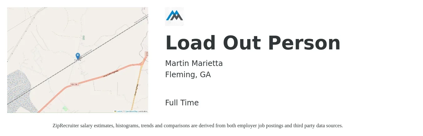 Martin Marietta job posting for a Load Out Person in Fleming, GA with a salary of $17 to $24 Hourly with a map of Fleming location.