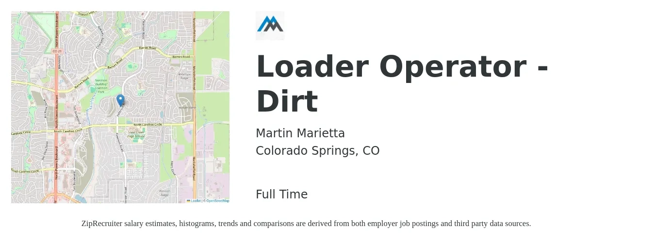 Martin Marietta job posting for a Loader Operator - Dirt in Colorado Springs, CO with a salary of $24 to $36 Hourly with a map of Colorado Springs location.