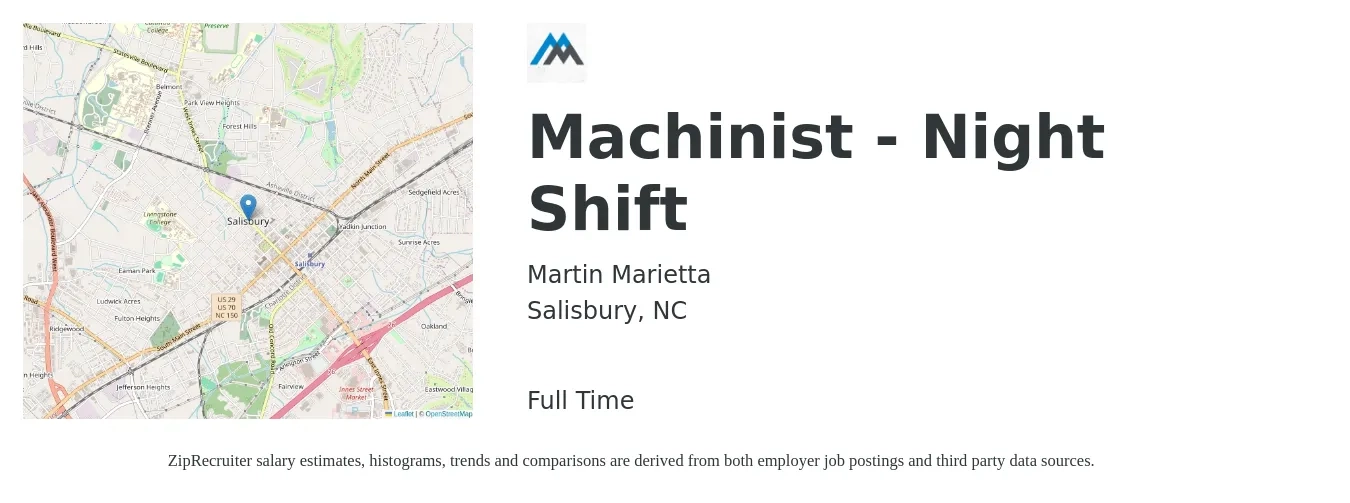Martin Marietta job posting for a Machinist - Night Shift in Salisbury, NC with a salary of $17 to $24 Hourly with a map of Salisbury location.
