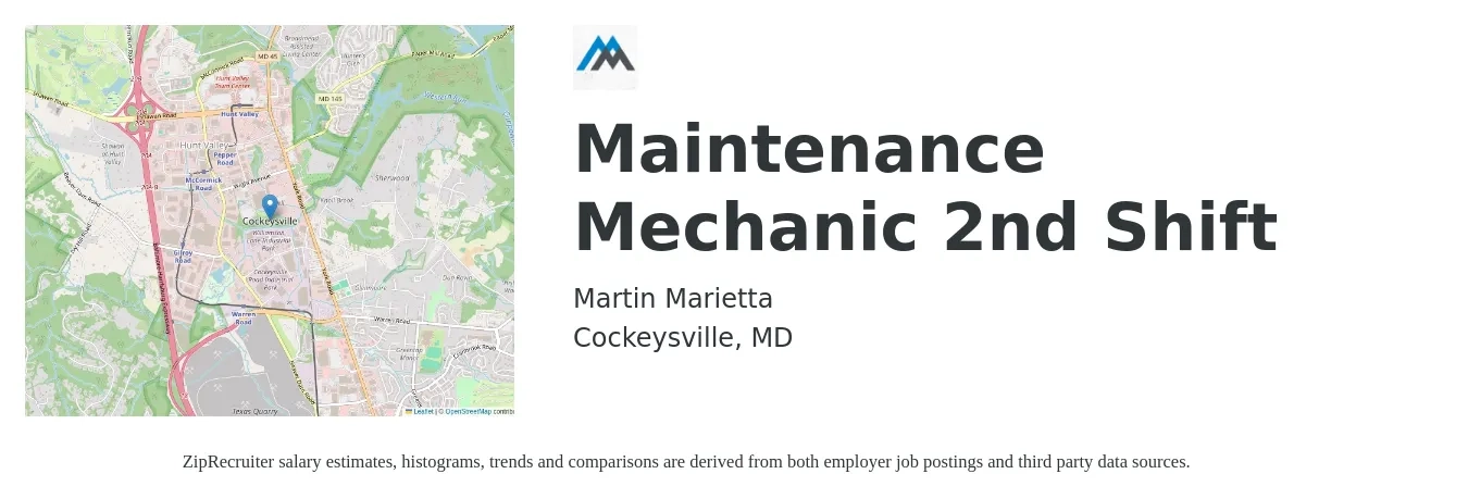 Martin Marietta job posting for a Maintenance Mechanic 2nd Shift in Cockeysville, MD with a salary of $24 to $33 Hourly with a map of Cockeysville location.