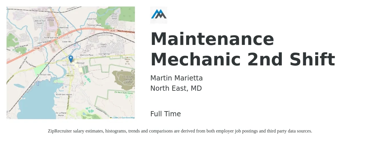 Martin Marietta job posting for a Maintenance Mechanic 2nd Shift in North East, MD with a salary of $24 to $34 Hourly with a map of North East location.