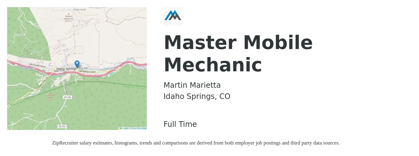 Martin Marietta job posting for a Master Mobile Mechanic in Idaho Springs, CO with a salary of $24 to $33 Hourly with a map of Idaho Springs location.