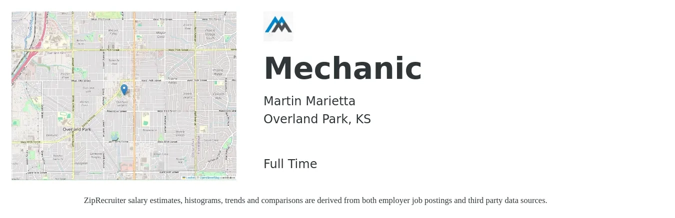 Martin Marietta job posting for a Mechanic in Overland Park, KS with a salary of $19 to $28 Hourly with a map of Overland Park location.