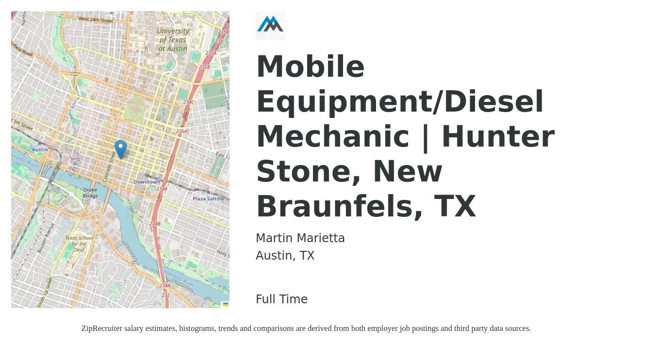 Martin Marietta job posting for a Mobile Equipment/Diesel Mechanic | Hunter Stone, New Braunfels, TX in Austin, TX with a salary of $24 to $32 Hourly with a map of Austin location.