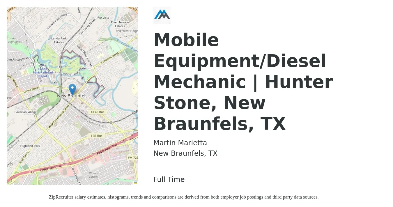 Martin Marietta job posting for a Mobile Equipment/Diesel Mechanic | Hunter Stone, New Braunfels, TX in New Braunfels, TX with a salary of $21 to $29 Hourly with a map of New Braunfels location.