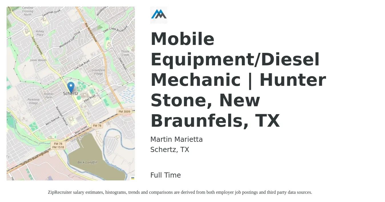 Martin Marietta job posting for a Mobile Equipment/Diesel Mechanic | Hunter Stone, New Braunfels, TX in Schertz, TX with a salary of $22 to $30 Hourly with a map of Schertz location.