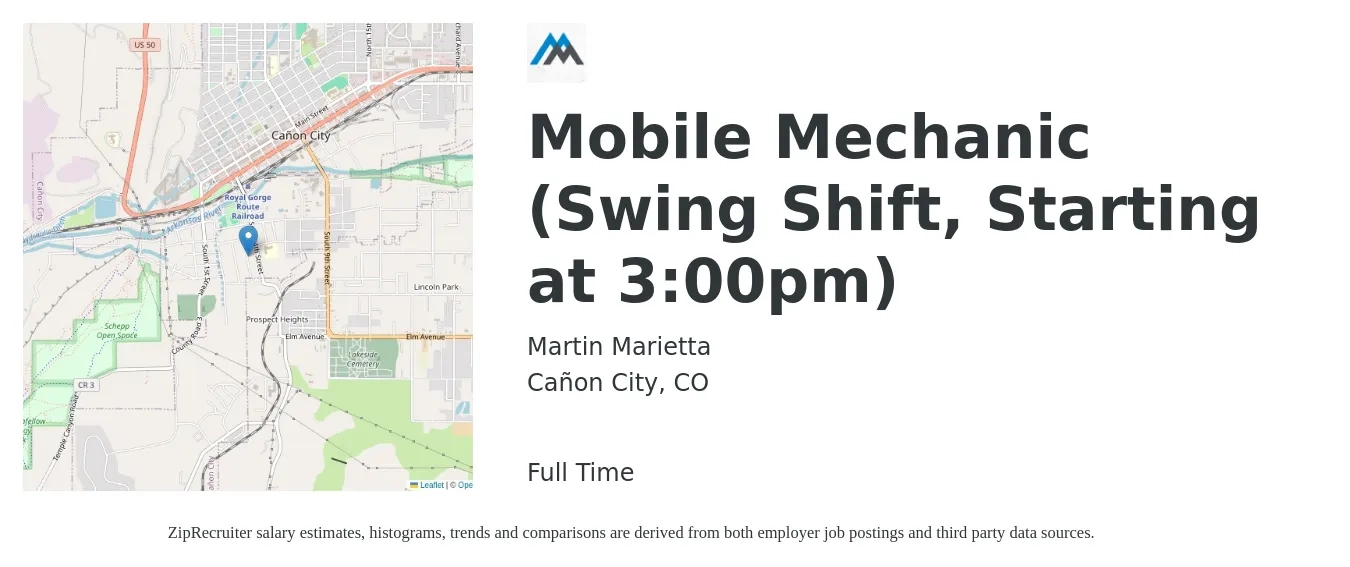 Martin Marietta job posting for a Mobile Mechanic (Swing Shift, Starting at 3:00pm) in Cañon City, CO with a salary of $23 to $32 Hourly with a map of Cañon City location.