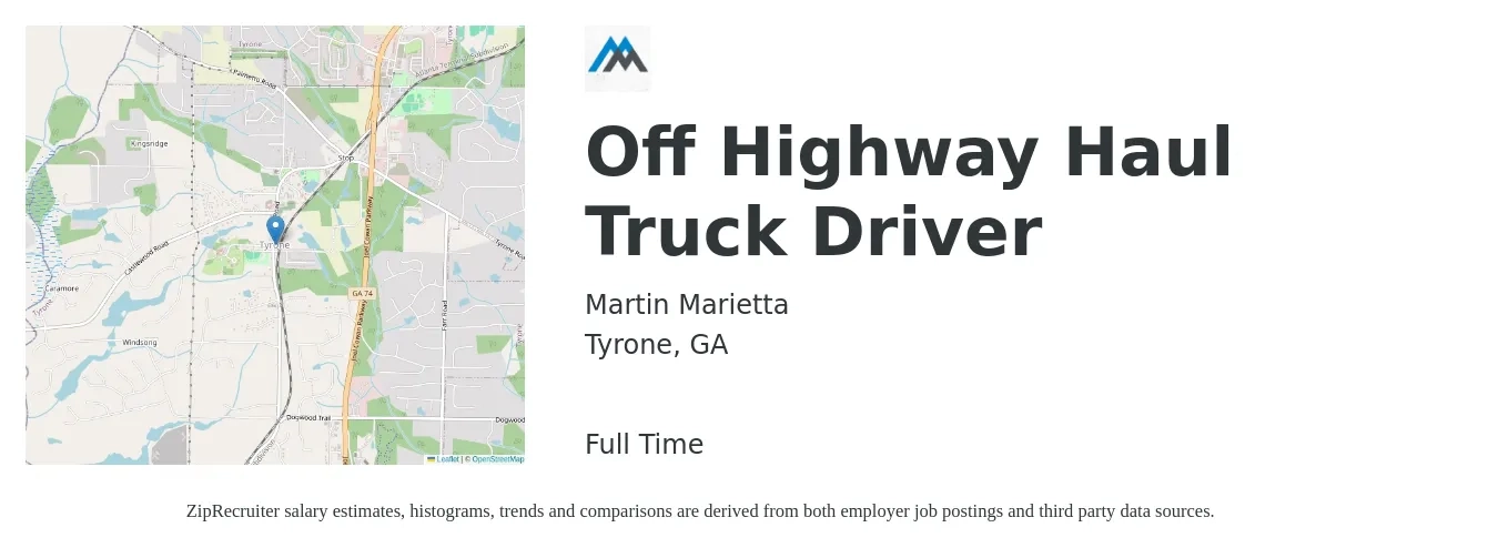 Martin Marietta job posting for a Off Highway Haul Truck Driver in Tyrone, GA with a salary of $23 to $42 Hourly with a map of Tyrone location.