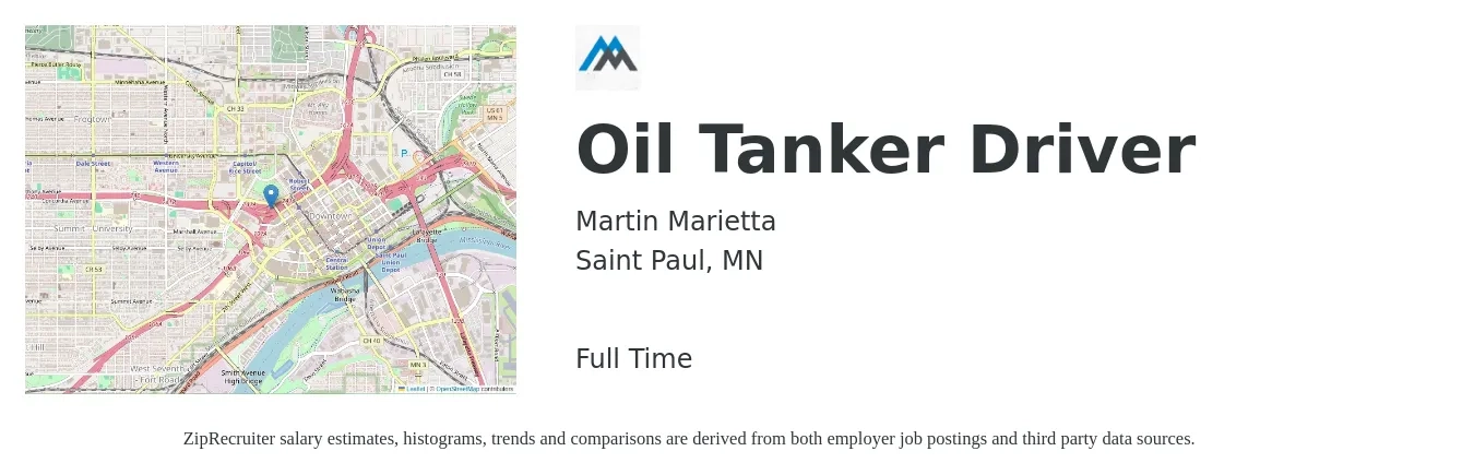 Martin Marietta job posting for a Oil Tanker Driver in Saint Paul, MN with a salary of $26 to $30 Hourly with a map of Saint Paul location.