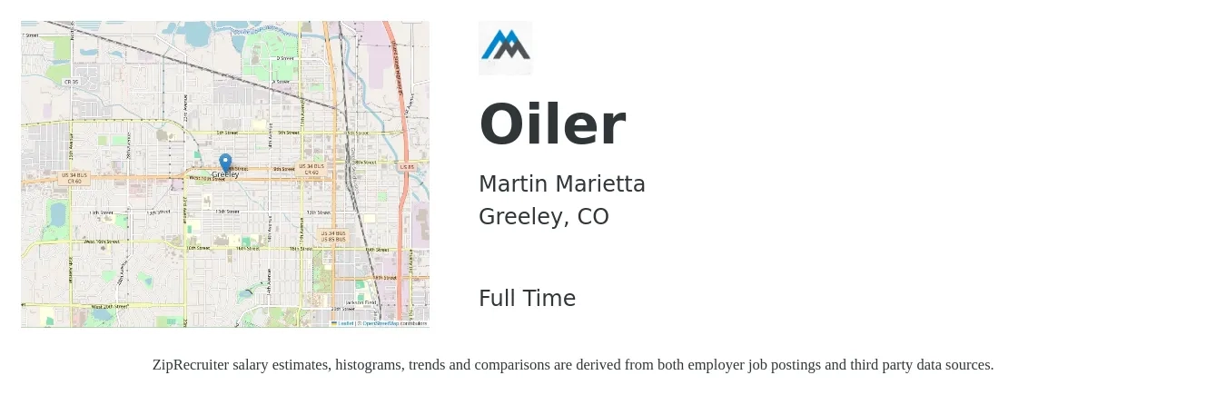 Martin Marietta job posting for a Oiler in Greeley, CO with a salary of $25 to $30 Hourly with a map of Greeley location.