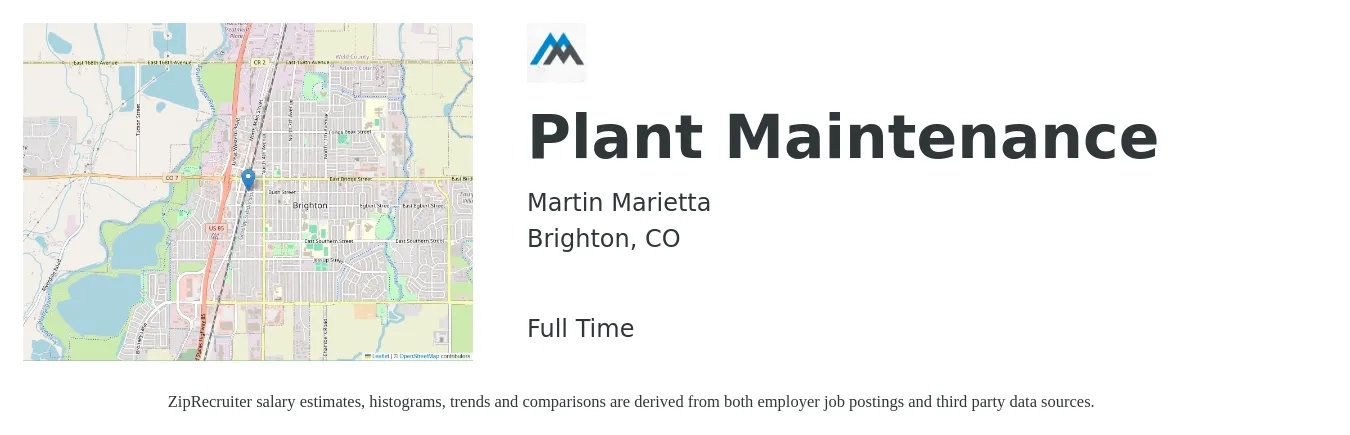 Martin Marietta job posting for a Plant Maintenance in Brighton, CO with a salary of $26 to $38 Hourly with a map of Brighton location.