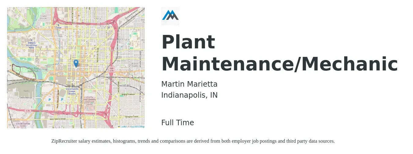 Martin Marietta job posting for a Plant Maintenance/Mechanic in Indianapolis, IN with a salary of $23 to $33 Hourly with a map of Indianapolis location.