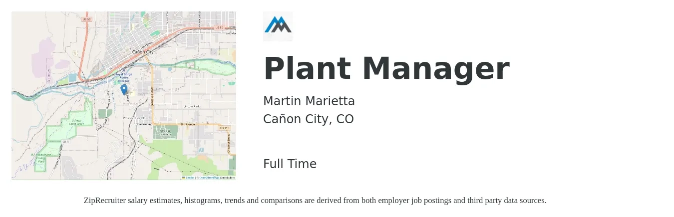 Martin Marietta job posting for a Plant Manager in Cañon City, CO with a salary of $82,500 to $127,300 Yearly with a map of Cañon City location.