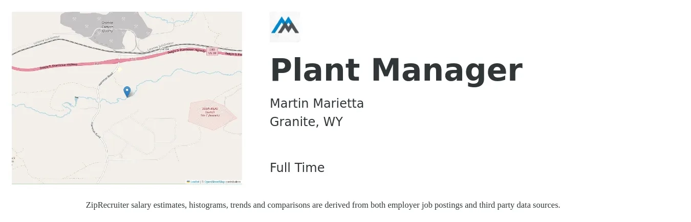 Martin Marietta job posting for a Plant Manager in Granite, WY with a salary of $86,400 to $133,300 Yearly with a map of Granite location.