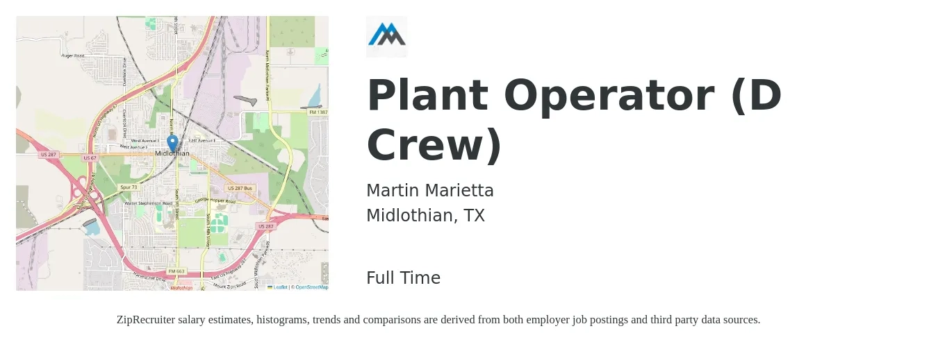 Martin Marietta job posting for a Plant Operator (D Crew) in Midlothian, TX with a salary of $16 to $24 Hourly with a map of Midlothian location.