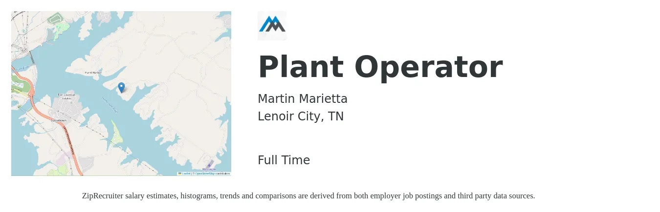 Martin Marietta job posting for a Plant Operator in Lenoir City, TN with a salary of $15 to $23 Hourly with a map of Lenoir City location.