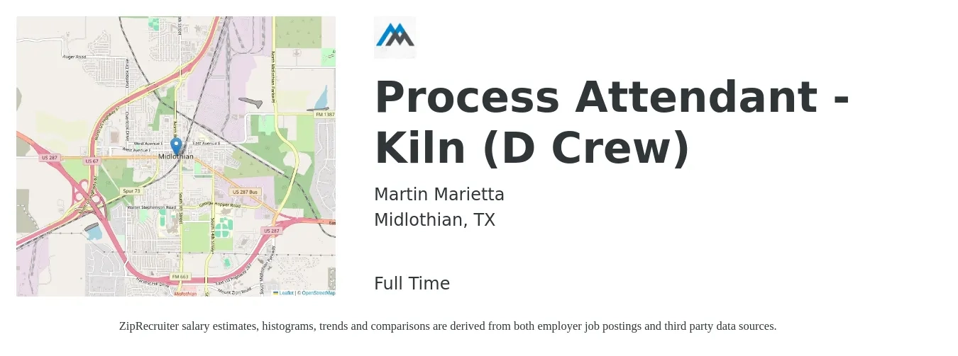 Martin Marietta job posting for a Process Attendant - Kiln (D Crew) in Midlothian, TX with a salary of $14 to $16 Hourly with a map of Midlothian location.