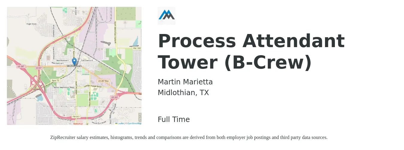 Martin Marietta job posting for a Process Attendant Tower (B-Crew) in Midlothian, TX with a salary of $11 Hourly with a map of Midlothian location.