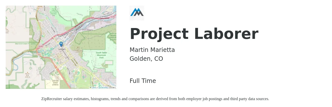 Martin Marietta job posting for a Project Laborer in Golden, CO with a salary of $23 Hourly with a map of Golden location.