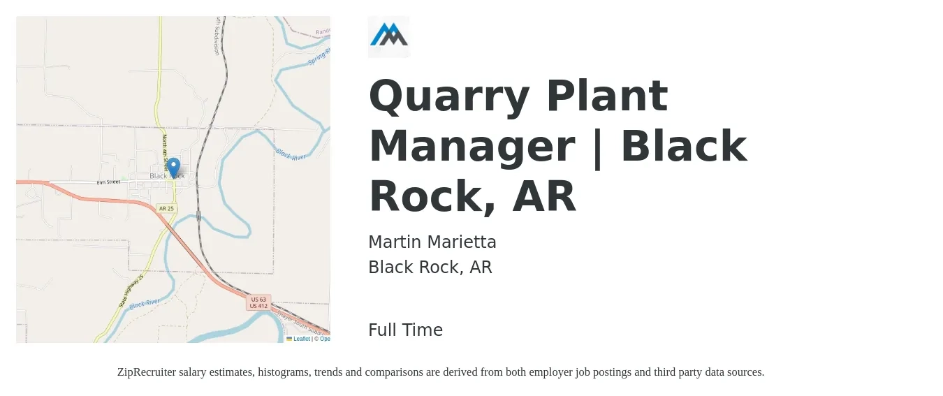 Martin Marietta job posting for a Quarry Plant Manager | Black Rock, AR in Black Rock, AR with a map of Black Rock location.