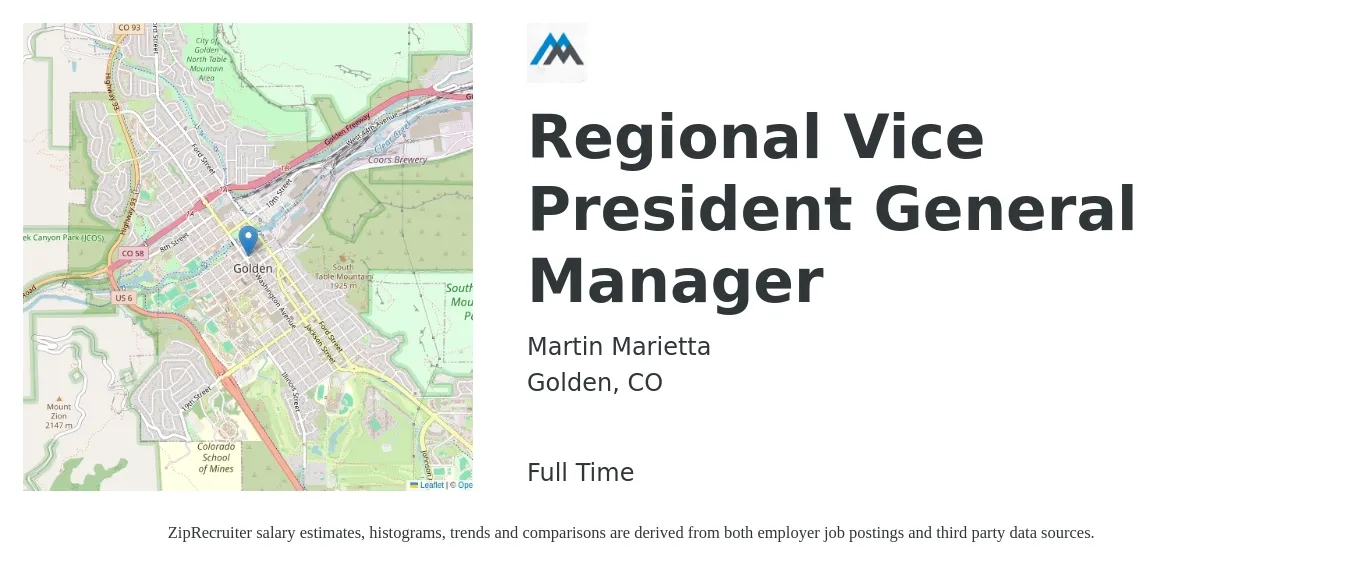 Martin Marietta job posting for a Regional Vice President General Manager in Golden, CO with a salary of $119,300 to $191,000 Yearly with a map of Golden location.