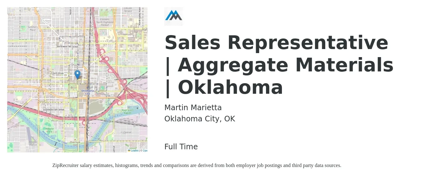 Martin Marietta job posting for a Sales Representative | Aggregate Materials | Oklahoma in Oklahoma City, OK with a salary of $49,700 to $86,400 Yearly with a map of Oklahoma City location.