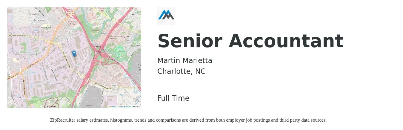 Martin Marietta job posting for a Senior Accountant in Charlotte, NC with a salary of $72,200 to $90,700 Yearly with a map of Charlotte location.