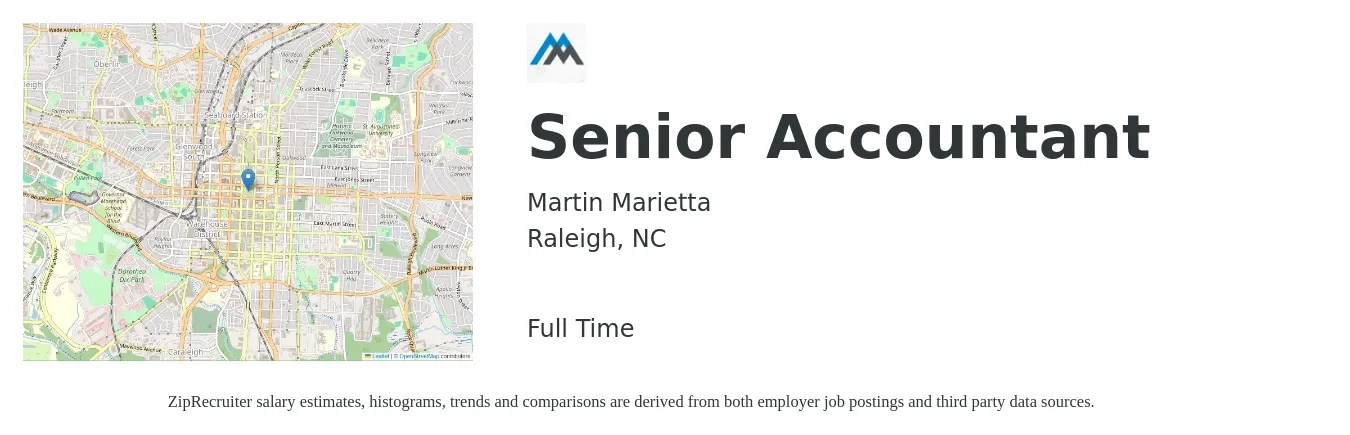 Martin Marietta job posting for a Senior Accountant in Raleigh, NC with a salary of $65,300 to $82,100 Yearly with a map of Raleigh location.
