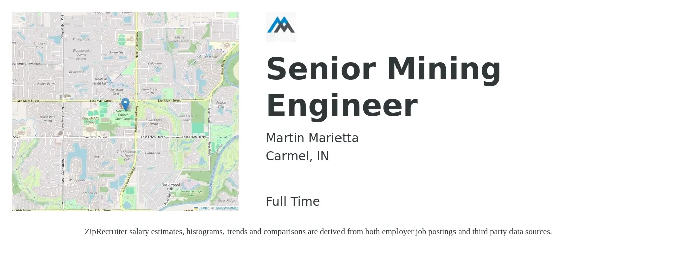 Martin Marietta job posting for a Senior Mining Engineer in Carmel, IN with a salary of $95,200 to $129,300 Yearly with a map of Carmel location.
