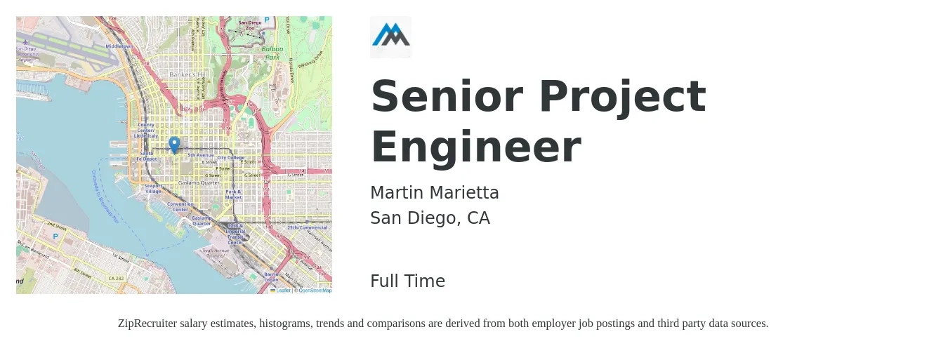Martin Marietta job posting for a Senior Project Engineer in San Diego, CA with a salary of $105,400 to $137,400 Yearly with a map of San Diego location.