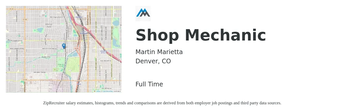 Martin Marietta job posting for a Shop Mechanic in Denver, CO with a salary of $32 Hourly with a map of Denver location.